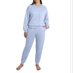 NEW Lands End Quilted V‑Neck 2‑Piece Lounge Set — Light Blue